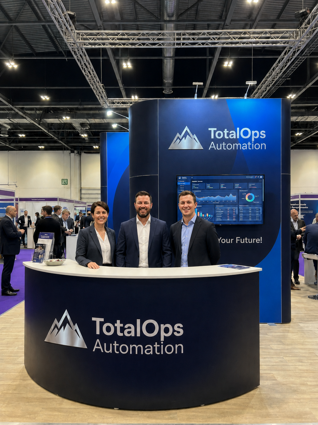 The TotalOps Automation team at their trade show booth, showcasing agentic AI finance and payroll automation solutions.